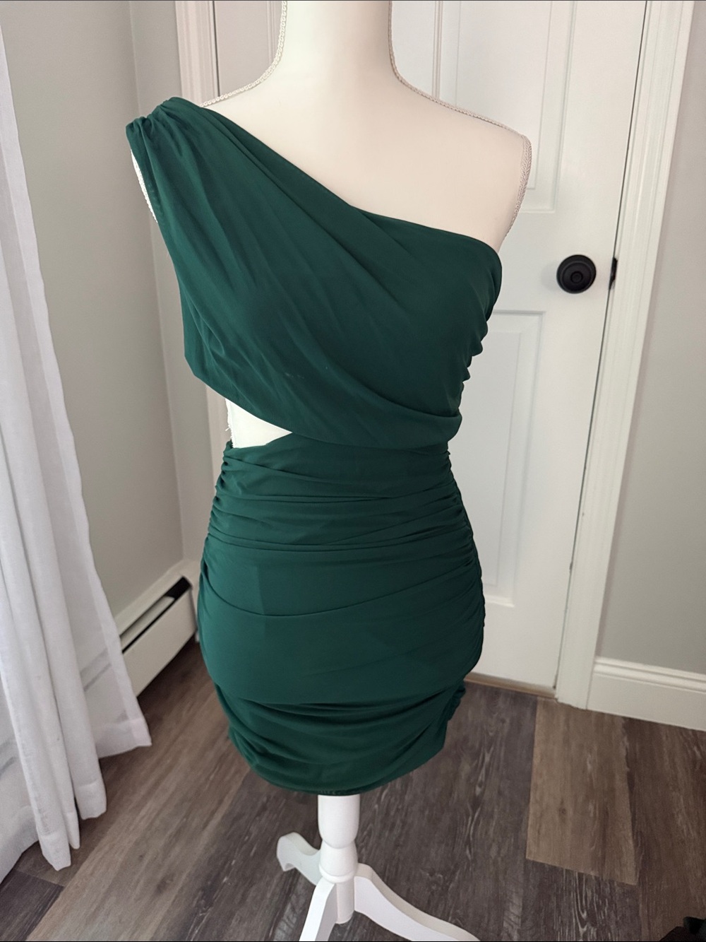 Hello Molly One-Shoulder Emerald Green Ruched Mini Dress